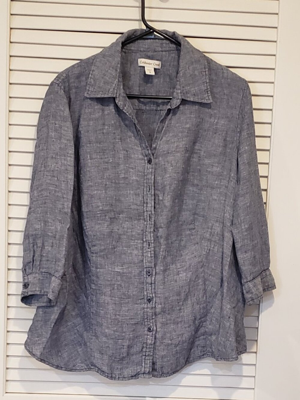 Coldwater Creek Shirt Women 1X Blue Linen Button Up 3/4 Sleeve Chambray Top